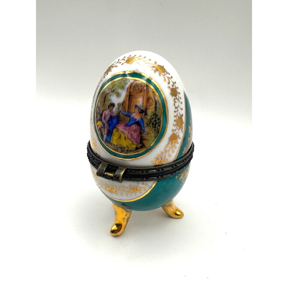 Vintage Vecceli‎ Style Porcelain Egg Trinket Box Green Gold  5inch Limoges